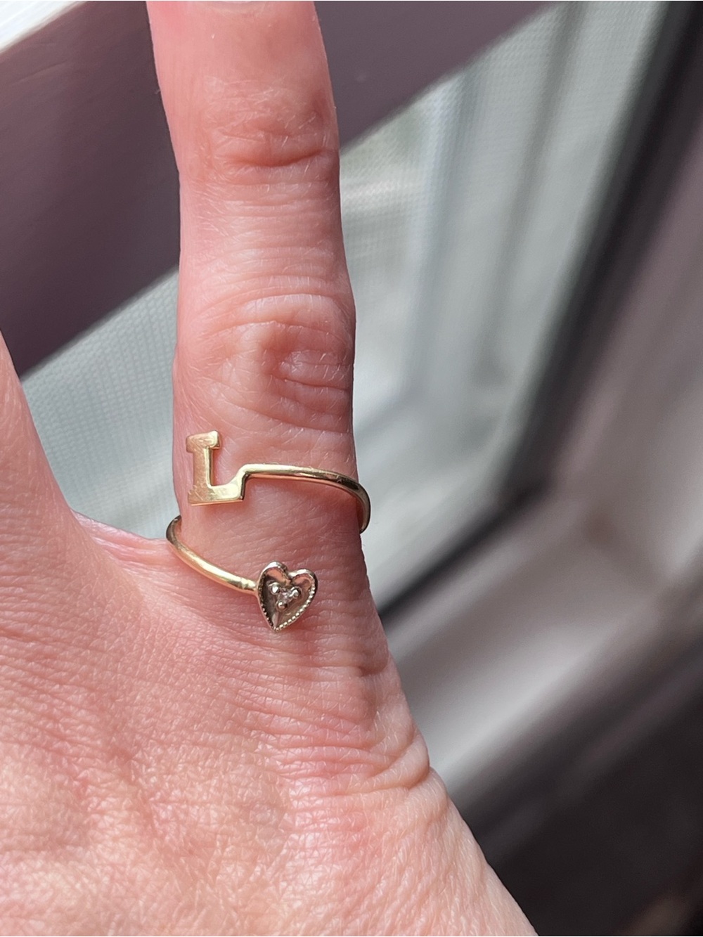 Delicate Gold Initial 'L' and Heart Open Band Ring